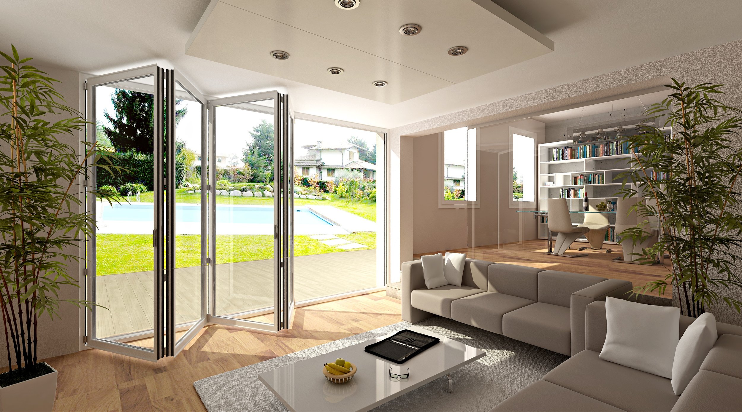 Floor to ceiling bi-folding glass doors are a space saving solution in a compact bedroom