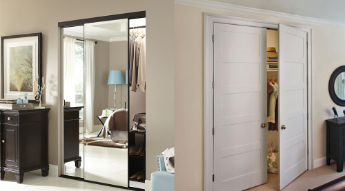 Mirrored sliding closet doors and white wood double closet doors in one combined visual