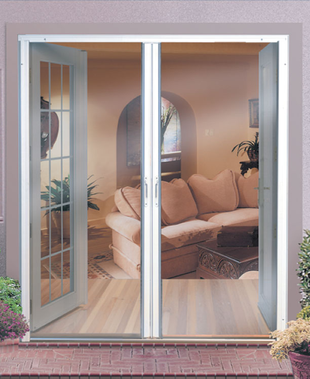 Double roll away screens form entry or exit from house to patio 