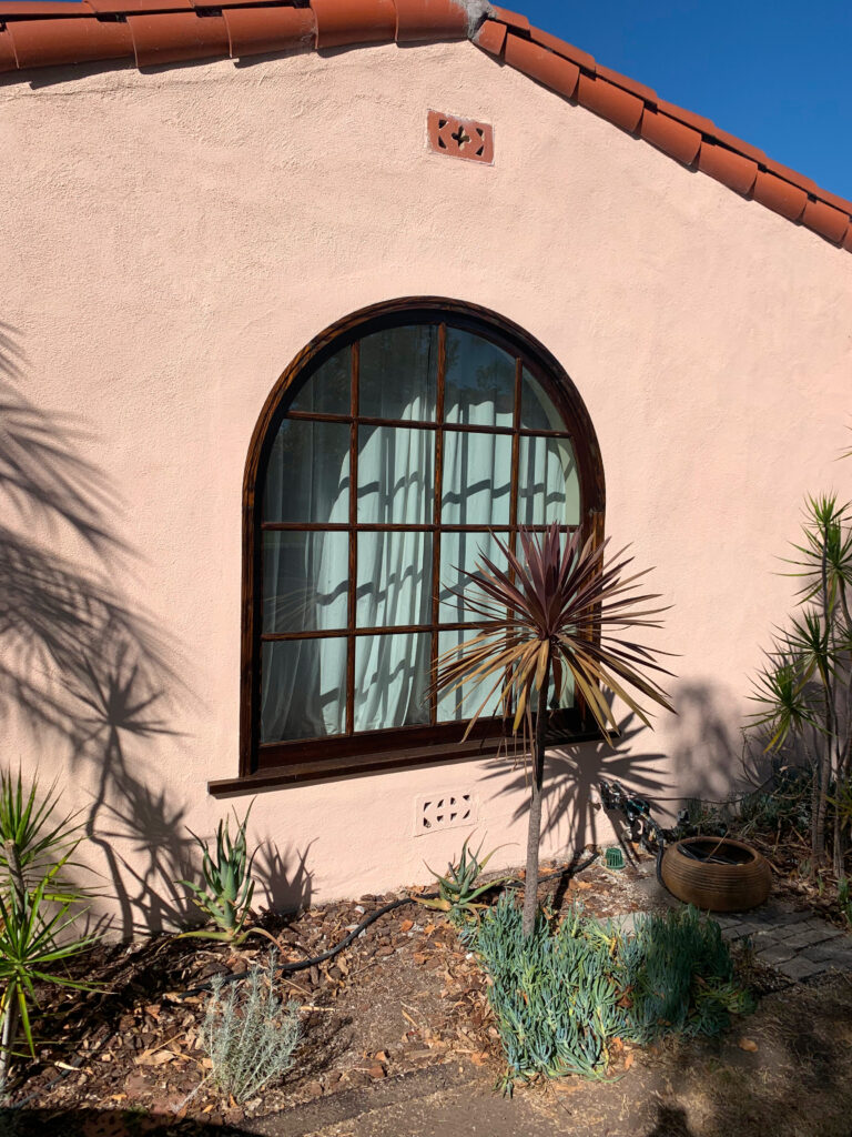 Arched wooden window with surrounding desert plants.