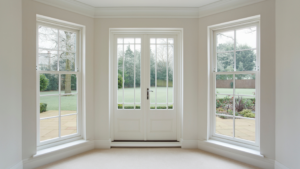A bright room featuring large windows and elegant French doors that open to a well-maintained backyard, illustrating a comparison of sliding vs French doors.