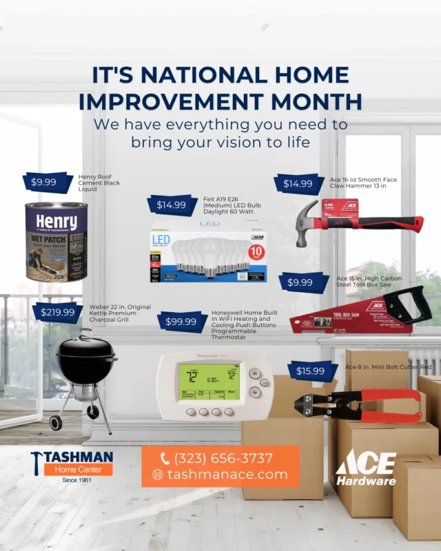 May is National Home Improvement Month—what project are you tackling next? Whether it’s new windows, fresh paint, or a full home upgrade, Tashman Home Center has everything you need to bring your vision to life. Need advice? Stop by and talk to our experts!

Stop by Tashman Home Center 7769 Santa Monica Boulevard, call (323) 656-3737 or go to tashmanace.com to shop online! 

#TashmanHomeCenter #Tashman #Home #Center #AceHardware #Ace #Hardware #DIYProjects #HomeUpgradea