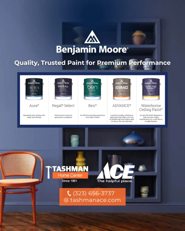 Achieve stunning results with Benjamin Moore paints, your trusted choice for quality and durability. Choose from our extensive range of colors at Tashman ACE Hardware today. 🎨

Stop by Tashman Home Center 7769 Santa Monica Boulevard, call (323) 656-3737 or go to tashmanace.com to shop online!

#TashmanHomeCenter #Tashman #Home #Center #AceHardware #Ace #Hardware #BenjaminMoore #TashmanAceHardware #PaintInspiration