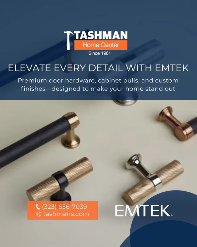 Elevate your home with high-quality hardware from Emtek! Whether it's stylish door handles, modern cabinet pulls, or custom finishes, find the perfect details at Tashman Home Center. Stop by to explore the latest collections!

Stop by Tashman Home Center 7769 Santa Monica Boulevard, call (323) 656-3737 or go to tashmanace.com to shop online! 

#TashmanHomeCenter #Tashman #Home #Center #AceHardware #Ace #Hardware #EmtekHardware